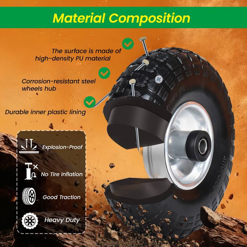 10-Inch 4.10/3.50-4 Solid Flat-Free Tire & Wheel, 5/8" Bearings, Heavy Duty for Wheelbarrows, Hand Trucks, Carts (Set of 2)