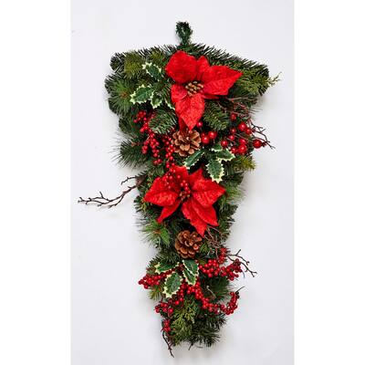 28" Spruce Poinsettia Berry Teardrop - Multicolor