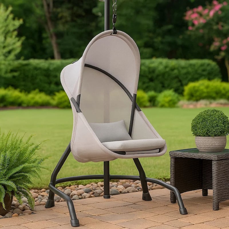 Cery Outdoor Hanging Swing Chair, Cushioned Light Gray Mesh