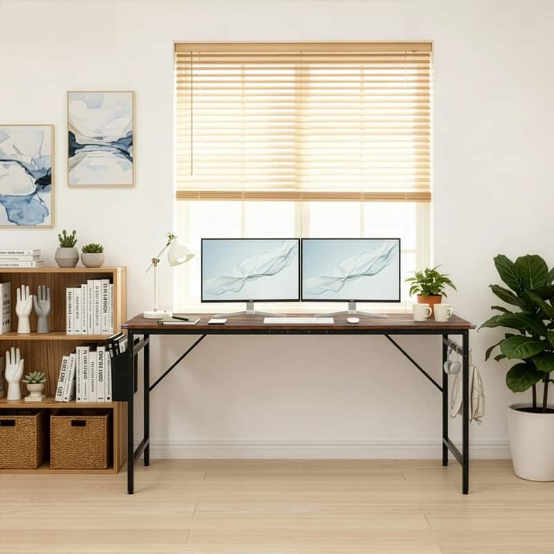 63” Computer Desk for Home Office ,Study Writing Desk with Storage, Side Hooks & Adjustable Feet