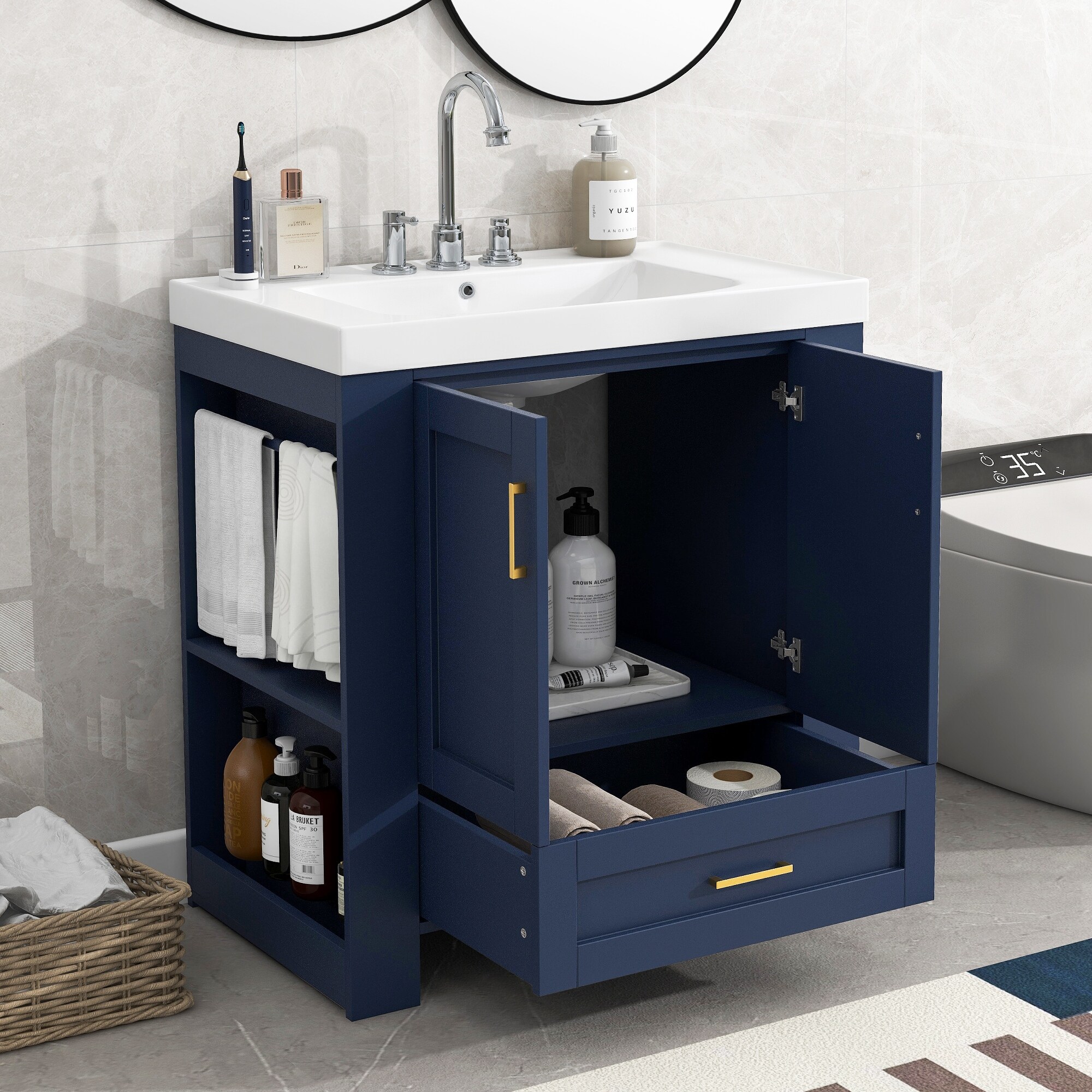 Vanity with online towel rack