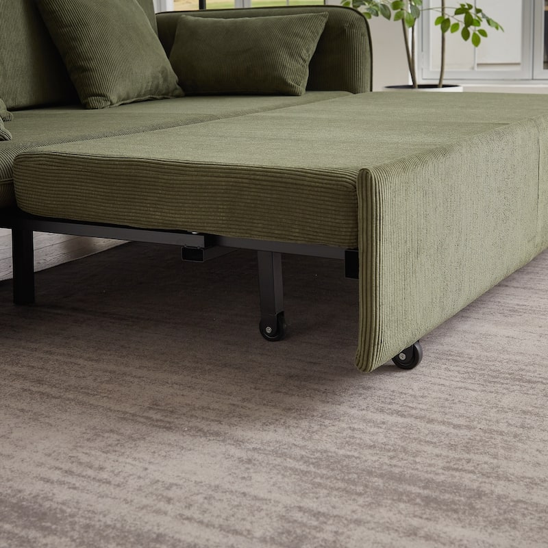 66 Inch Sleeper Sofa Bed with Pullout Bed 4 Pillows and Side Pockets Soft Corduroy Convertible Sleeper Sofa Bed