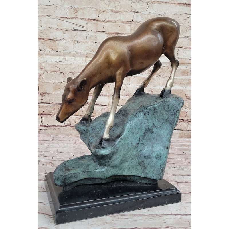 Limned Edition Bronze Deer Sculpture – Graceful Doe Drinking Water Statue