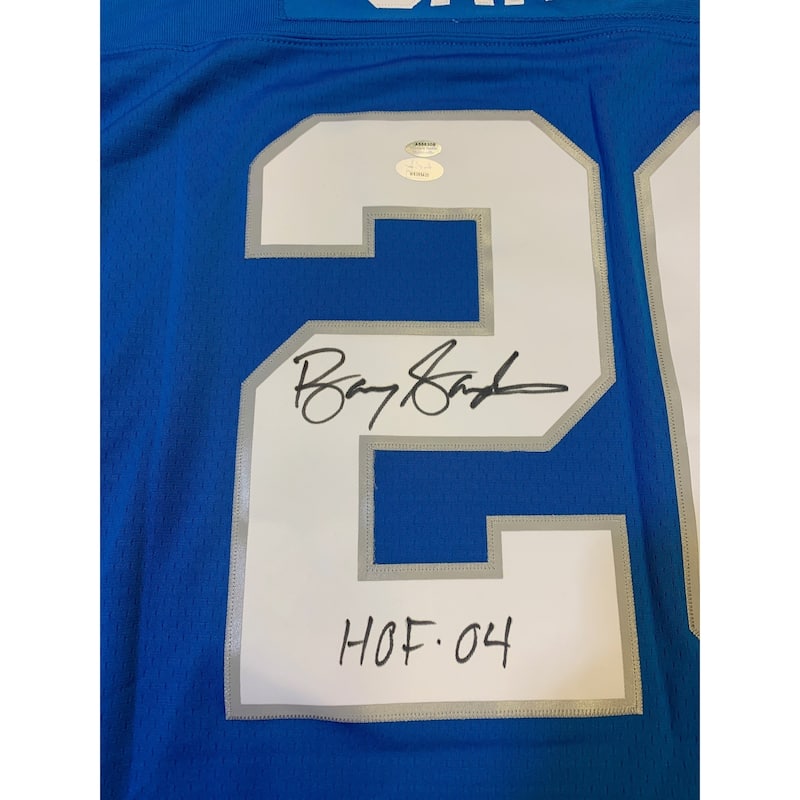 Barry Sanders Autographed Detroit Lions Signed Mitchell & Ness Football Jersey Hall of Fame HOF 2004 JSA COA - 8'6" x 11'6"