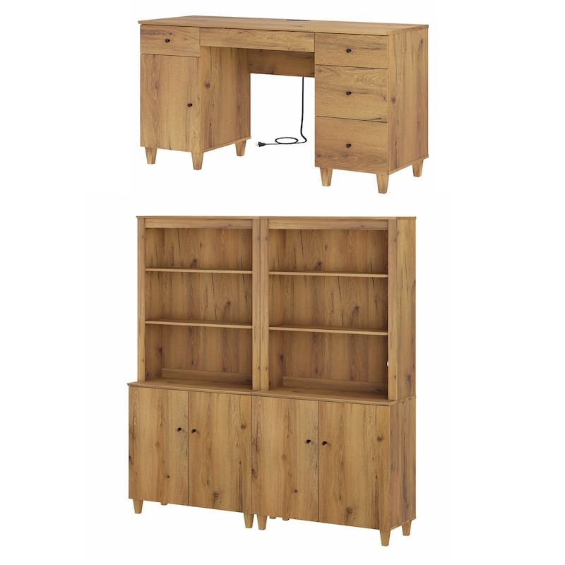 WAMPAT Home Office Furniture Set, 58" Executive Desk with Cabinet, 2-Column 71" Tall Bookcase with Doors and Adjustable Shelves