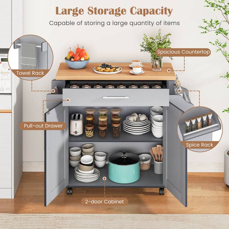 Costway Rolling Kitchen Island Cart Storage Cabinet w/ Towel & Spice