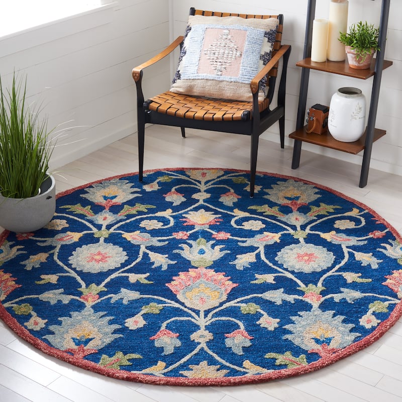 SAFAVIEH Handmade Blossom Violanta Floral Wool Rug - 6' Round - Blue/Rust