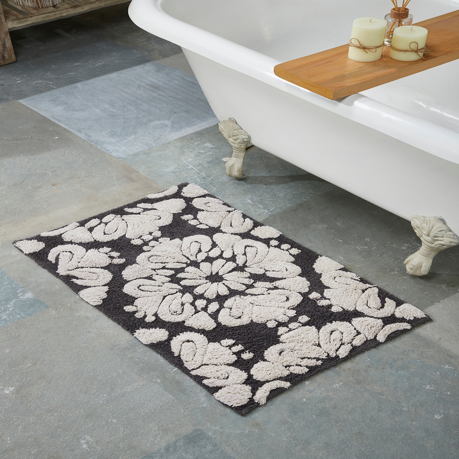 Better Trends Medallion Collection 100% Cotton 3-Pc Set Bathroom Rugs-Soft & Super Absorbent, Non-Skid Latex, Machine Washable - 3 Piece Set (17" x 24" | 24" x 40" | 20" x 60") - Charcoal & Natural