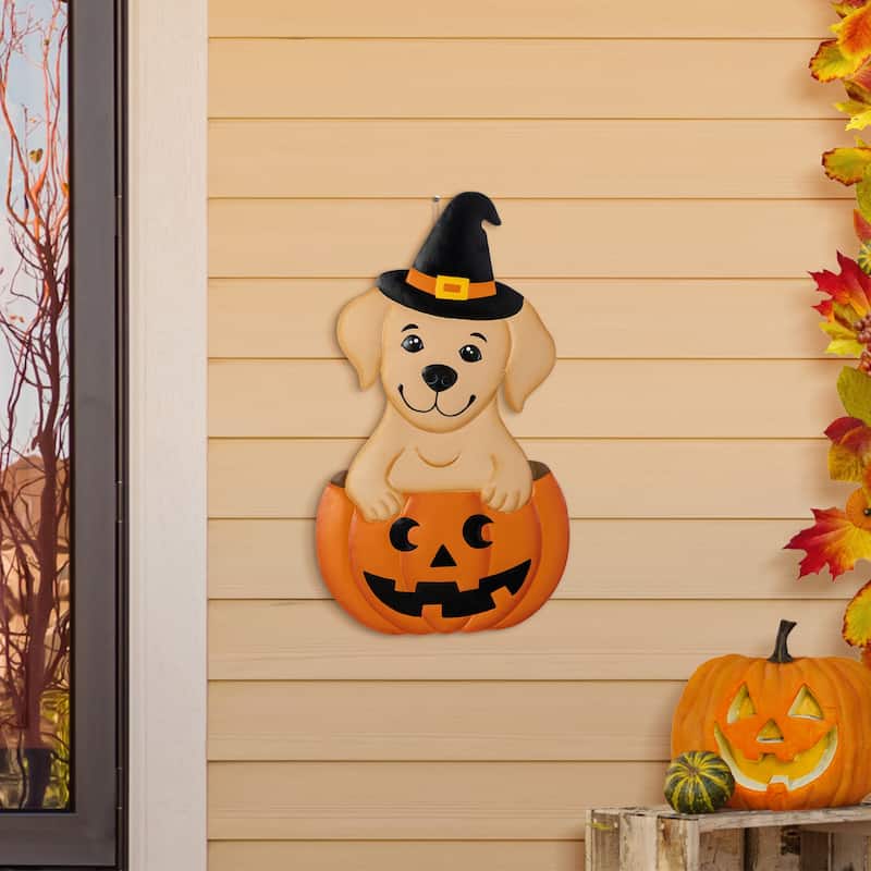Glitzhome Halloween Metal Black Cat or Labrador in Pumpkin Yard Stake Wall Decor