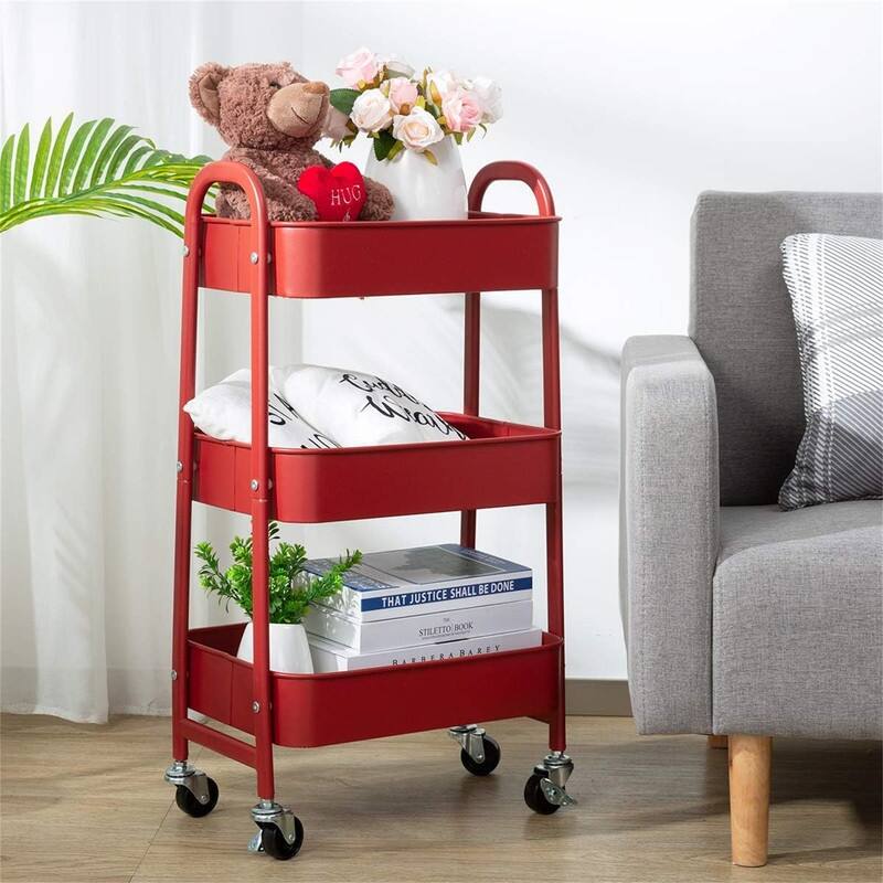 Movable Rolling Organizer Cart - 15.35"D x 27.5"W x 11.42"H - Metal Finish - Brick Red