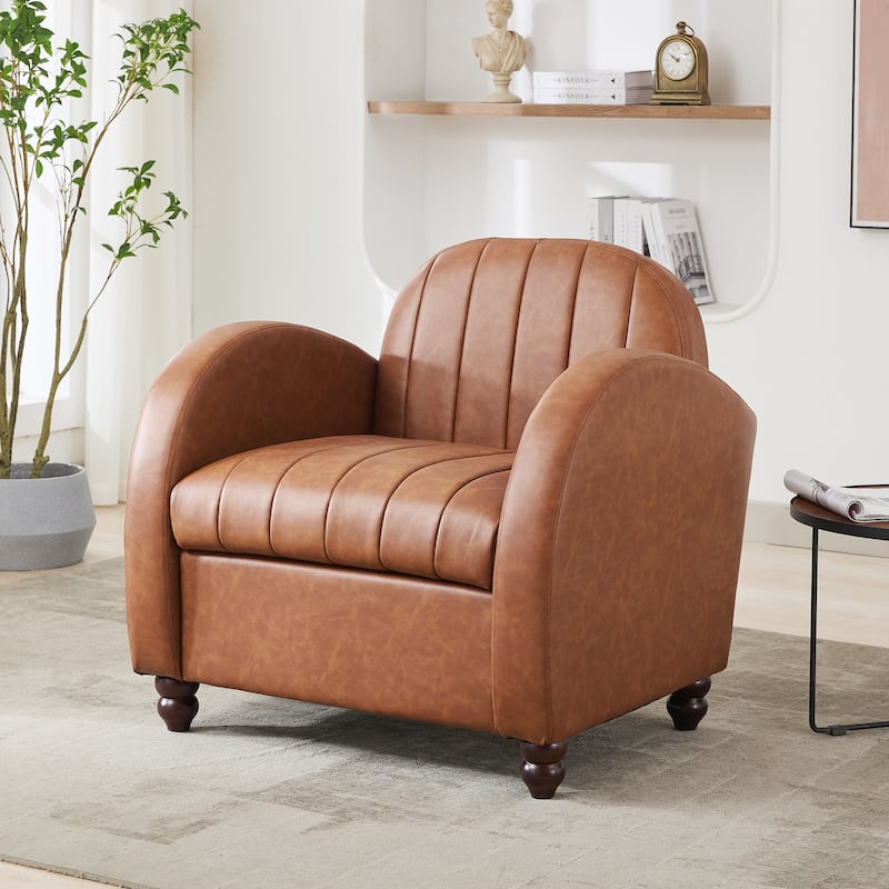 Retro PU Leather Accent Chair with Curved Armrest - Brown