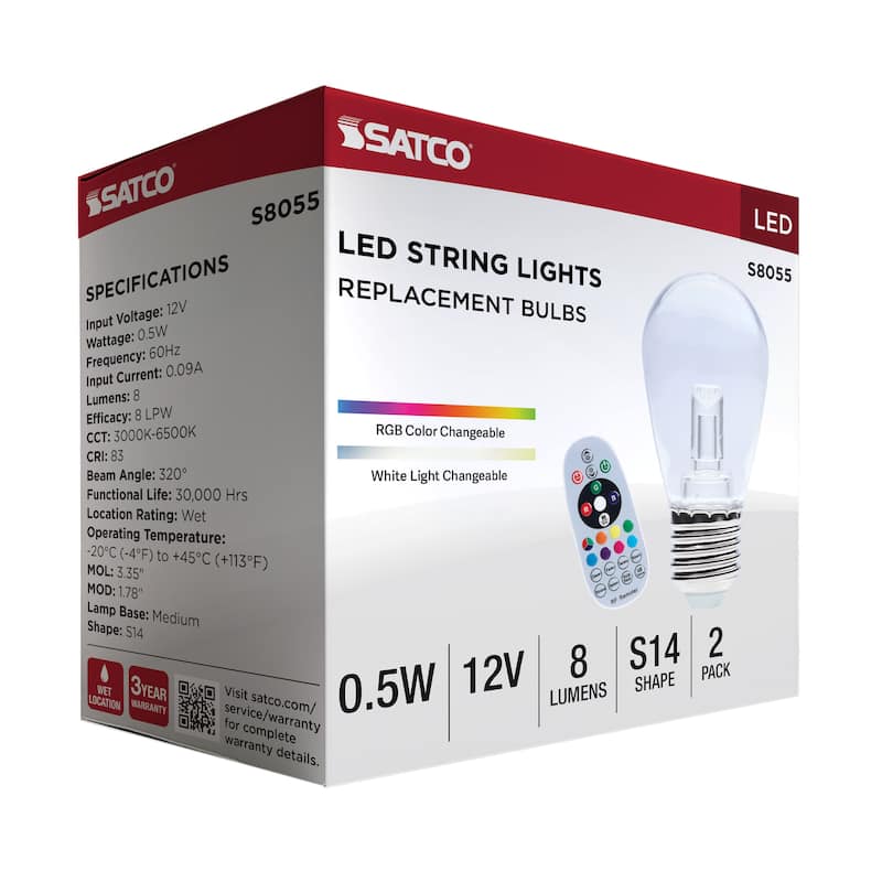 0.5 Watt LED String Light Replacement Lamp S14 Medium Base RGBTW Clear Remote Control 12 Volt 2-Pack