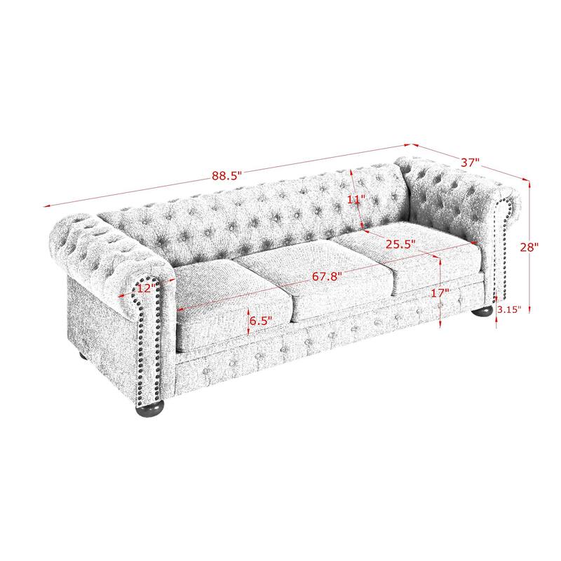 Tufted Upholstered PU 3-Seater Sofa with Scrolled Arms and Nailhead Decoration, Dark Gray (88.5''x37''x28'')