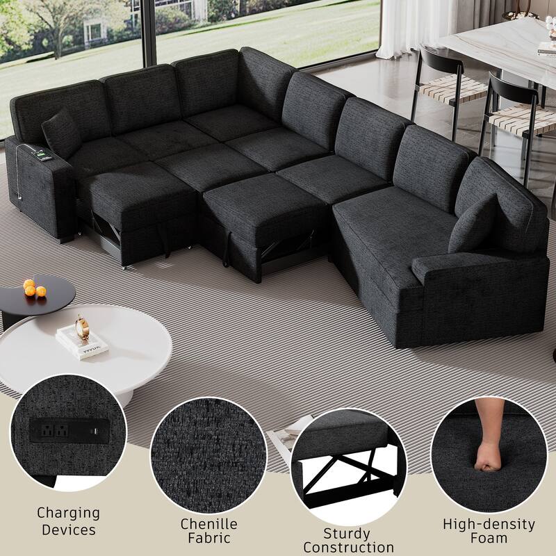 126" L-shaped Sofa Sectional Sofa Couch Pull-out Sofa Bed with Charging Devices and Cup Holders for Living Room, Beige