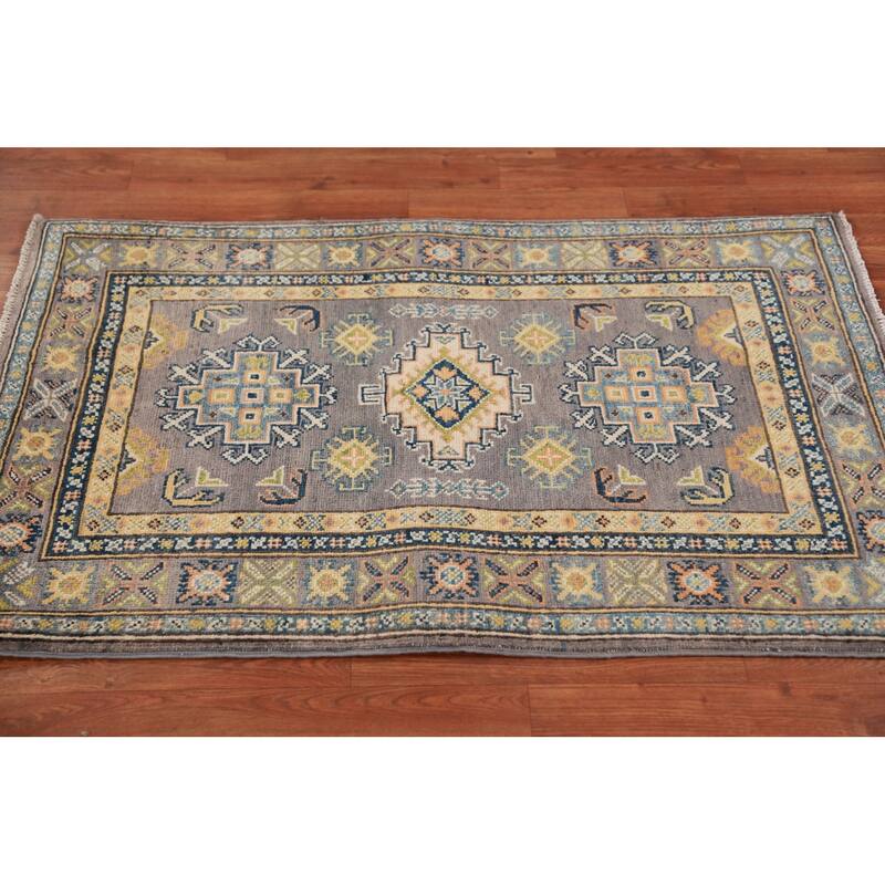 Gray Geometric Kazak Foyer Rug Hand-Knotted Wool Carpet - 2'8"x 4'1"