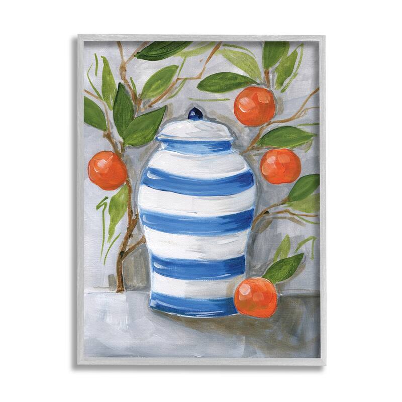 Stupell Tangerine Fruit Branches Striped Vase Still Life Painting Framed Wall Art - 24 x 30 - Grey