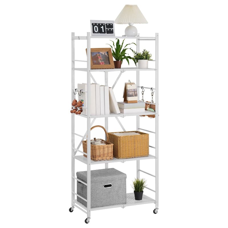 White Carbon Steel Folding Garage Storage Shelf with 5 Swivel Wheels and J-Hooks - 15 x 28 x 64 in