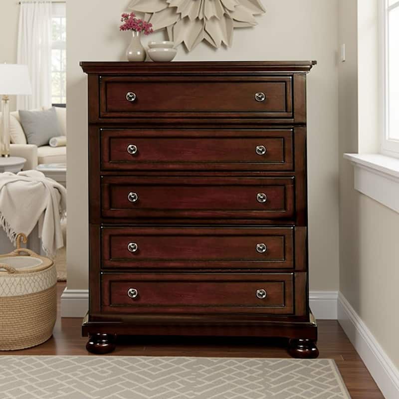 Transitional Style 5 Drawer Wooden Chest, Dark Cherry Brown