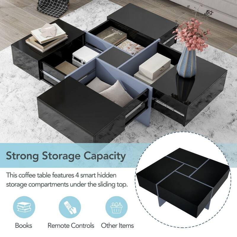 Modern UV High-gloss Design Coffee Table with 4 Hidden Storage and Extendable Sliding Tabletop