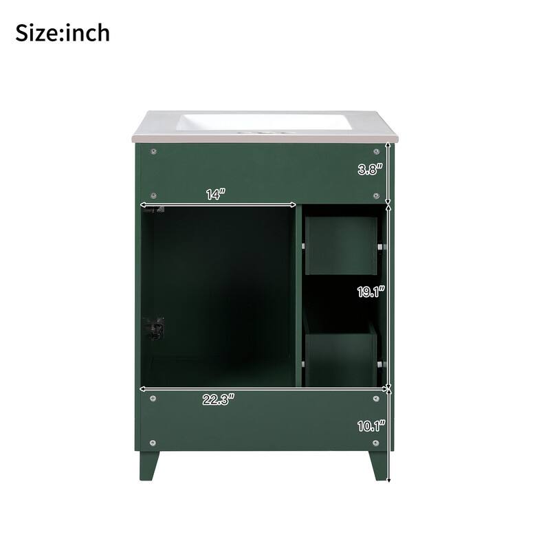 24" Green Bathroom Vanity Cabinet with Ceramic Sink, 2 Drawers, 1 Soft-Close Door