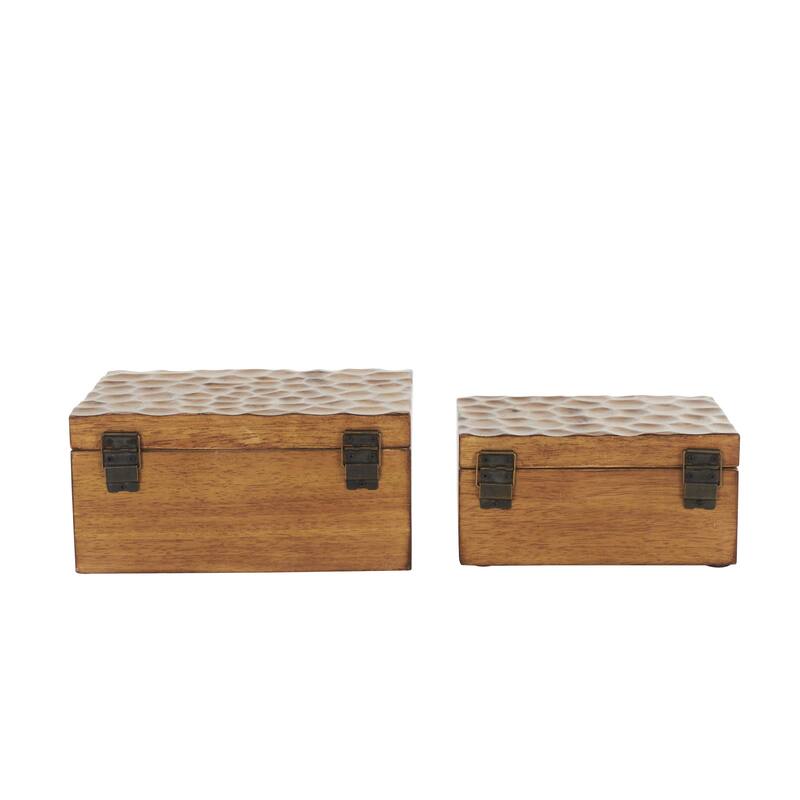 Wood Geometric Textured Concave Honeycomb Storage Decorative Box with Black Knobs - Set of 2 Brown - Roche River Decor