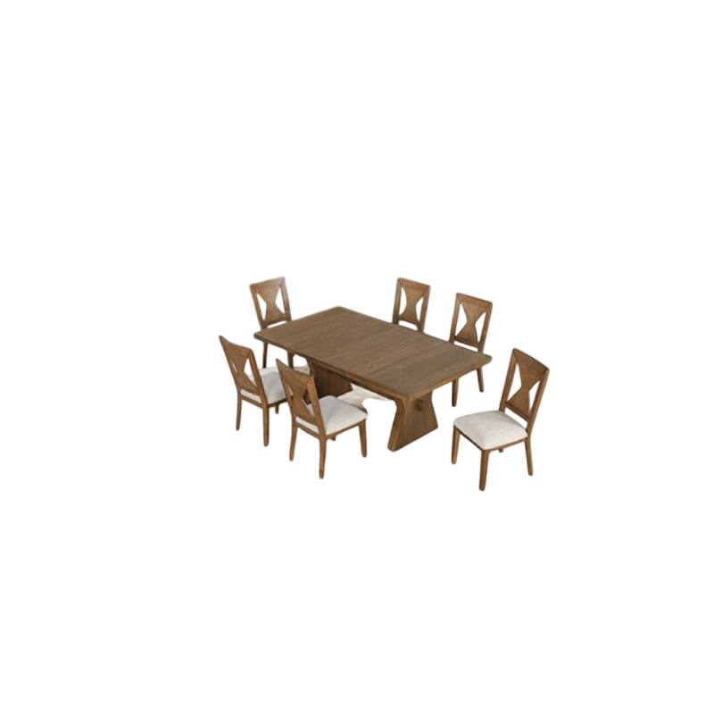 Zivy 7pc Dining Table Set, Modern Farmhouse Oak Brown, 6 Fabric Chairs