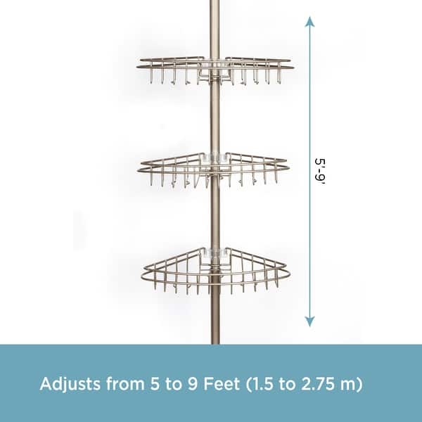 Kenney 3-Tier Stainless Steel Spring Tension Shower Corner Pole Caddy with Four Clip-on Hooks and Razor Holders, Satin Nickel Kenney 3-Tier Stainless Steel Spring Tension Shower Corner Pole Caddy with Four Clip-on Hooks and Razor Holders, Satin Nickel