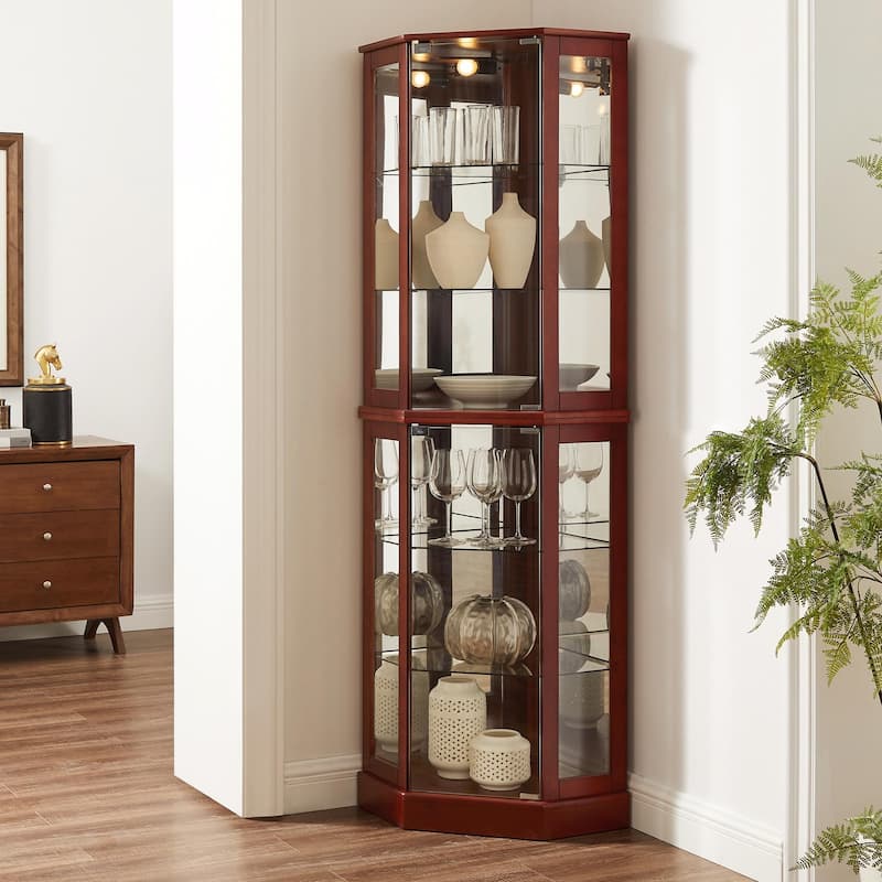 6-Shelf Corner Curio Display Cabinet with Lights, Mirrors, and Adjustable Shelves