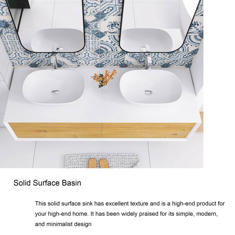 Floating Bathroom Vanity with Solid surface Top in F.OAK and Matte White