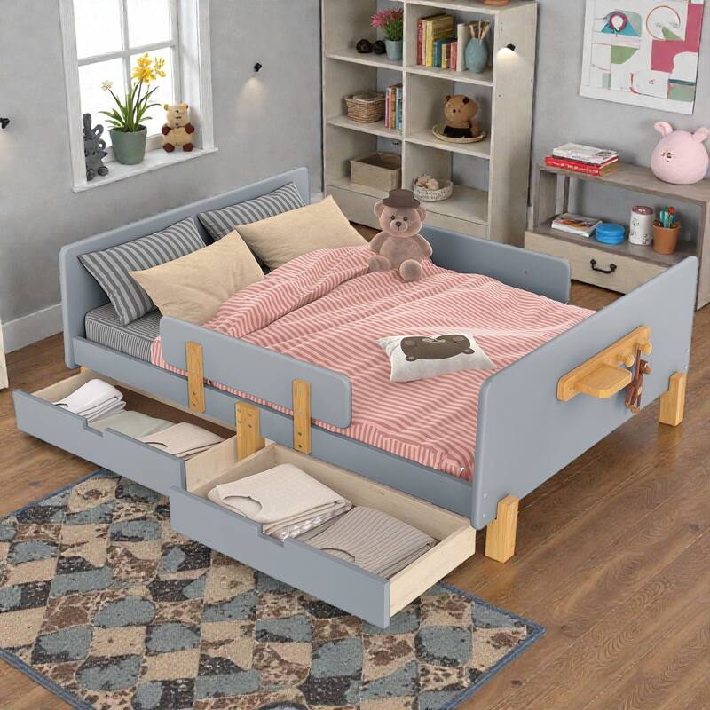 Twin/Full Wood Platform Bed with Storage Drawers, Guardrail, Shelf & Hooks, Solid Wood Frame, No Box Spring Needed - Grey - Full