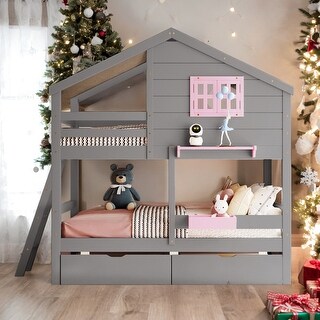 Modern Twin Over Twin Bunk Bed With 2 Drawers,1 Storage Box,1 Shelf,Window and Roof for Bedroom