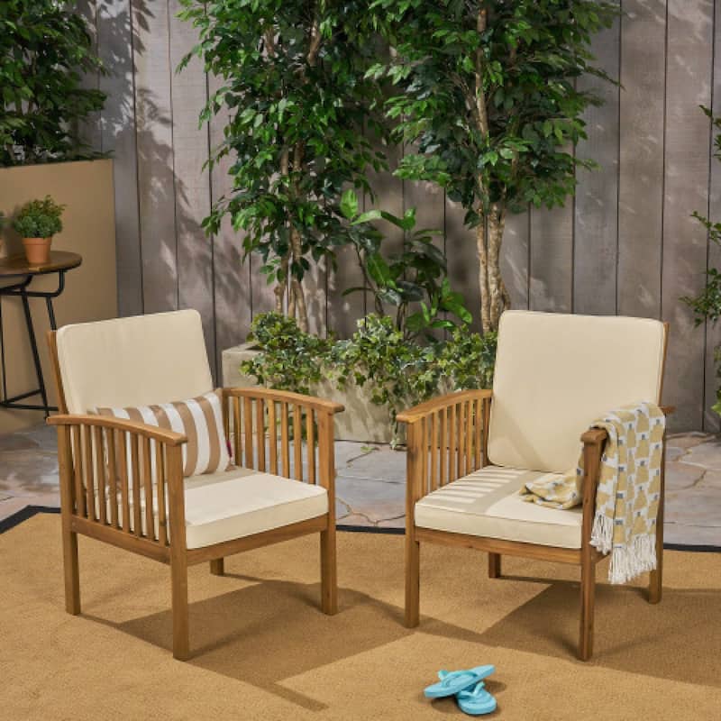 Roomfitters 3-Piece Acacia Wood Patio Set, 2 Modern Club Chairs & Foldable End Table, Cushions