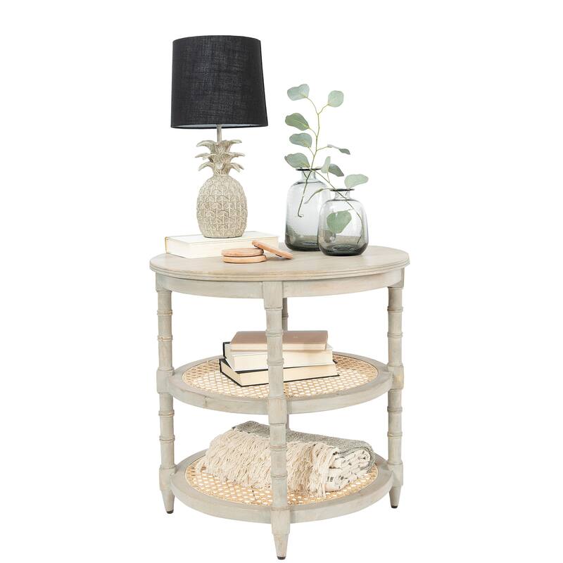 Round Mango Wood Table with 2 Cane Shelves