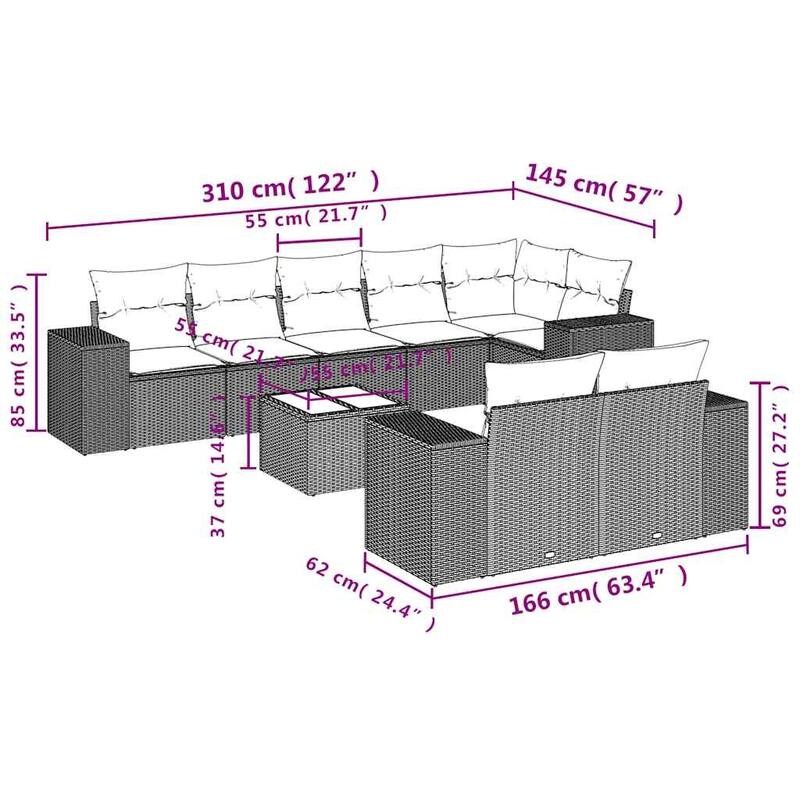 vidaXL 8/9 Piece Patio Sofa Set with Cushions Black/Brown/Gray Poly Rattan - 24.4 x 24.4 x 27.2