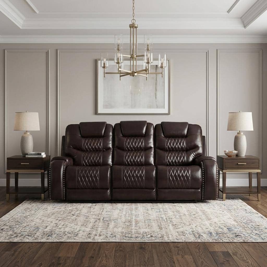 HomeRoots 90" Brown Faux Leather Reclining Sofa With Black Legs