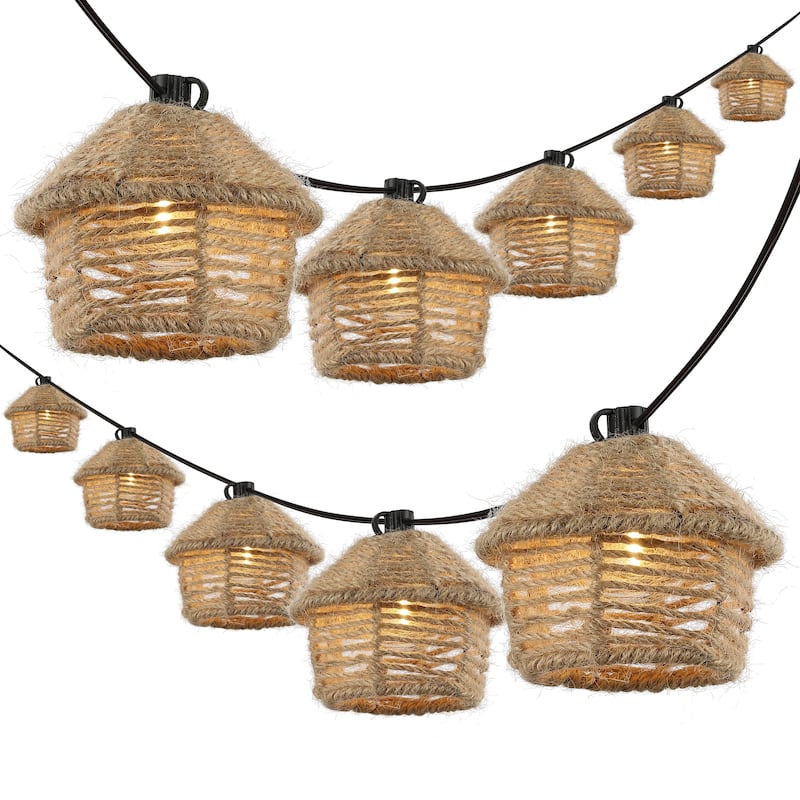 Oahu 10-Light Indoor/Outdoor 10 ft. Mid-Century Incandescent G40 Tiki Hut Hemp Rope Shaded String Lights, Brown , by JONATHAN Y - 10 Light - 10 ft. - Brown