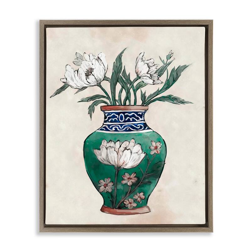 Stupell Floral Oriental Vase Framed Floater Canvas Wall Art Design by Ziwei Li - 17 x 21 - Brown