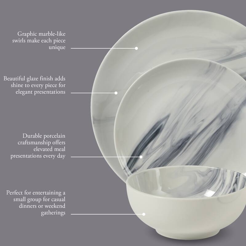 Gibson Home Cloudlight 12 Piece Plates and Bowls Dishes - Decorated Porcelain Ceramic Dinnerware Set - Service for 4