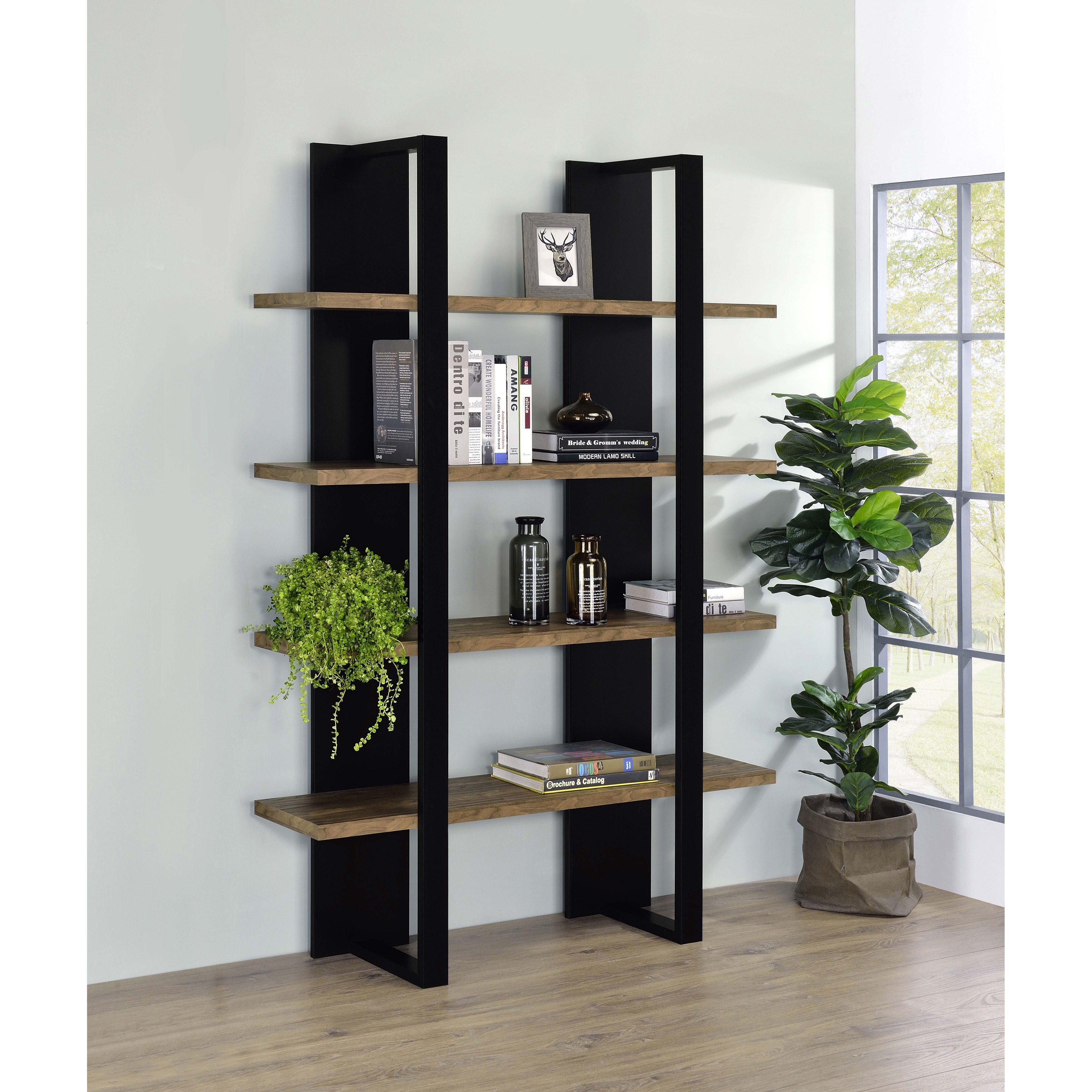 Danbrook 71-inch 4-shelf Bookshelf Black and Aged Walnut