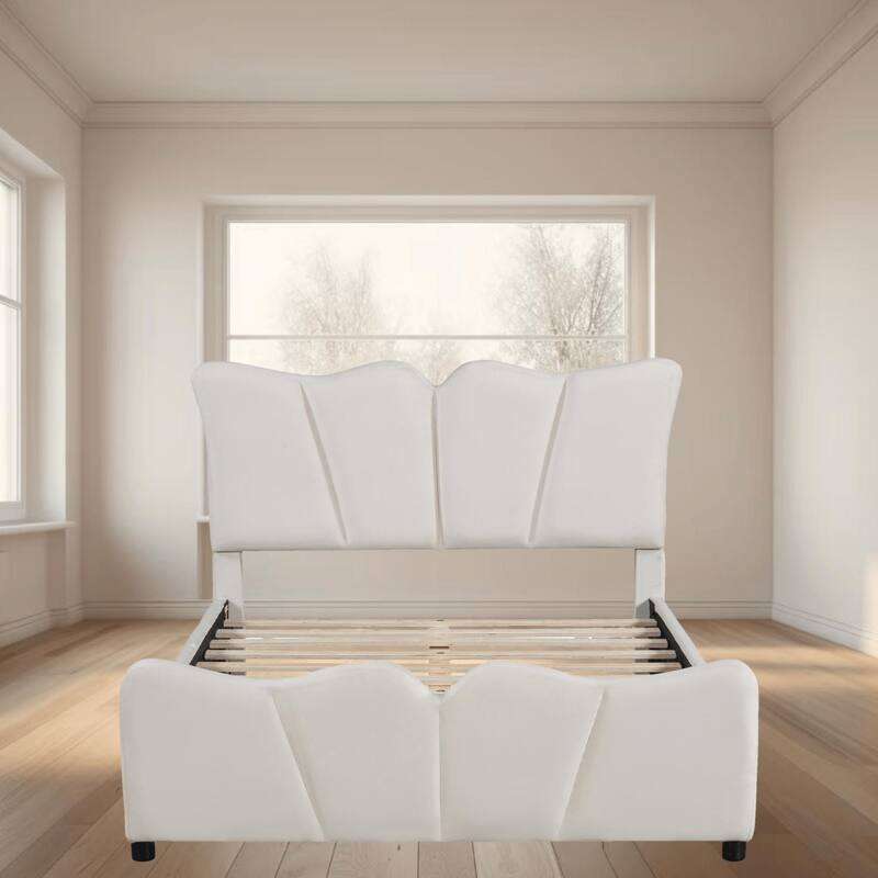 Full Size Upholstered Velvet Platform Bed Frame with Elegant Headboard, Sturdy Wooden Frame and Footboard Design for Bedroom - Beige - Full