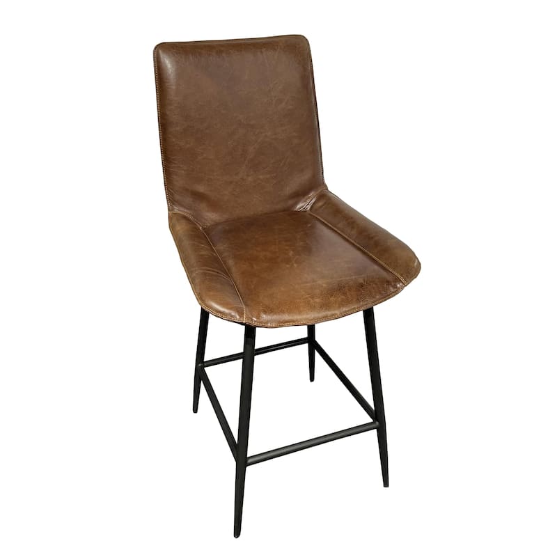Swivel Counter Stool Chair, Brown Faux Leather Upholstery, Black Iron