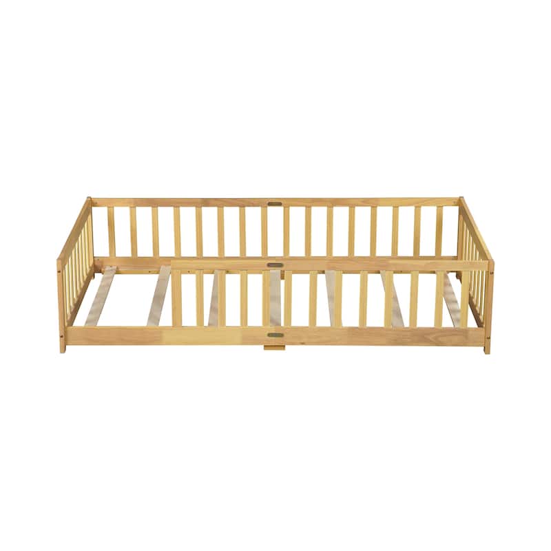 Roomfitters Twin/Full Floor Bed with Surround Fence, Rubber Wood Platform with Guardrails and Slats, Natural