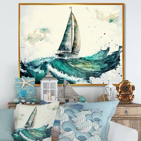 Designart "Watercolor Sailboat Cruising The Waves VI" Coastal Boat Framed Canvas Wall Art Print
