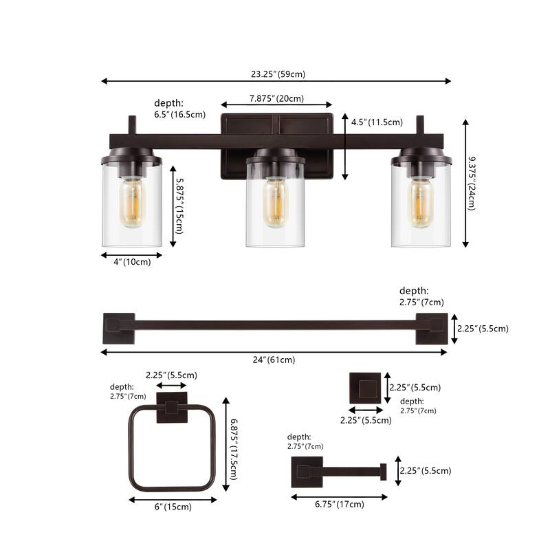 Egan 23.25" 3-Light Farmhouse Industrial Vanity Light with Bathroom Hardware Accessory Set, (5-Piece) by JONATHAN Y