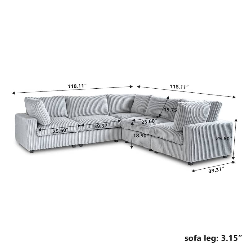 118" Modular V Shaped Sectional Couches with Ottoman, Removable Covers, Grey