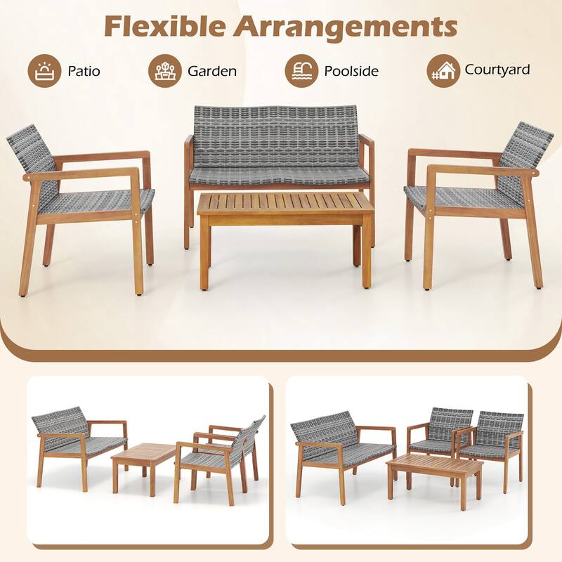 Gymax 4 Pieces Outdoor Furniture Set Acacia Wood Frame Sofa Set w/