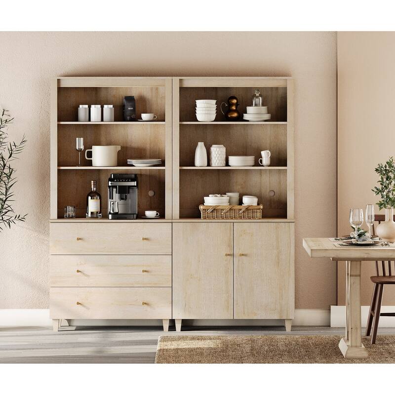 71" Tall Pantry Cabinet Set of 2, Modern Kitchen Storage Pantry with Drawers and Doors, Modular Storage Cabinets for Dining Room - Light Oak