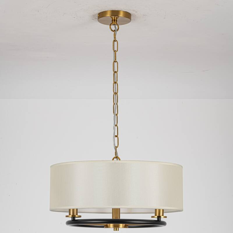 3-Light Modern Transitional Brass & Black Drum Shade Pendant for Dining Room - 17.7 in. W x 9.8 in. H