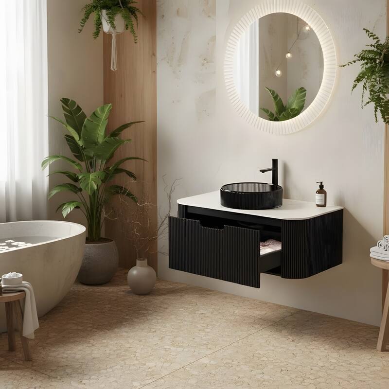 Wall Mounted Bathroom Vanity with Transparent Black Round Glass Basin