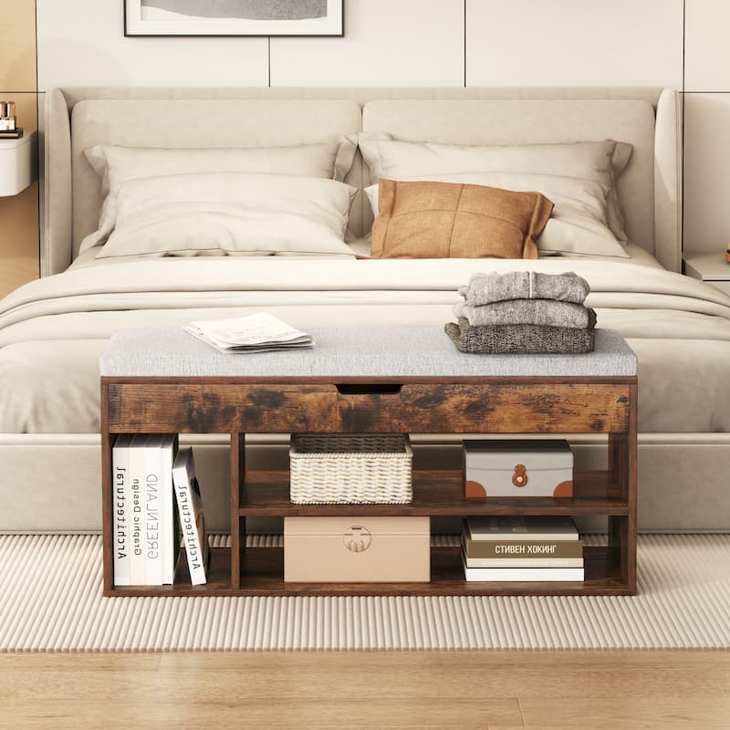Engineered Wood Shoe Bench with Cushion and Storage Shelves - 41" x 12" x 20.5" (L x W x H)